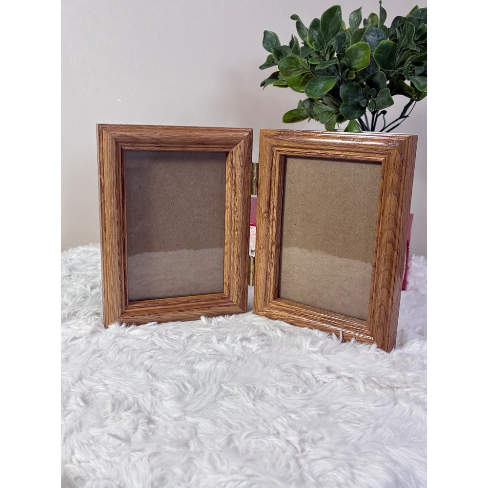 Vintage Solid Oak Wood Double Hinged Picture Frame 3x5 Folding Book Style